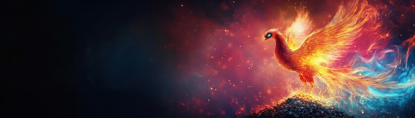 Obraz premium A phoenix rising from ashes, glowing and powerful, symbolic of strength and rebirth