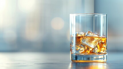A glass of whiskey with ice cubes, set against a softly blurred background, reflecting sophistication and relaxation.