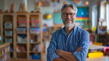 Fototapeta premium Middle age man with grey hair preschool teacher smiling confident standing at kindergarten