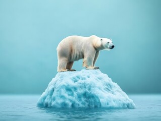A polar bear standing on a melting, polluted iceberg, powerful and emotional tone