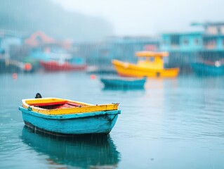 Naklejka premium A rainy day in a small fishing village, boats bobbing in the water, nostalgic and charming tone
