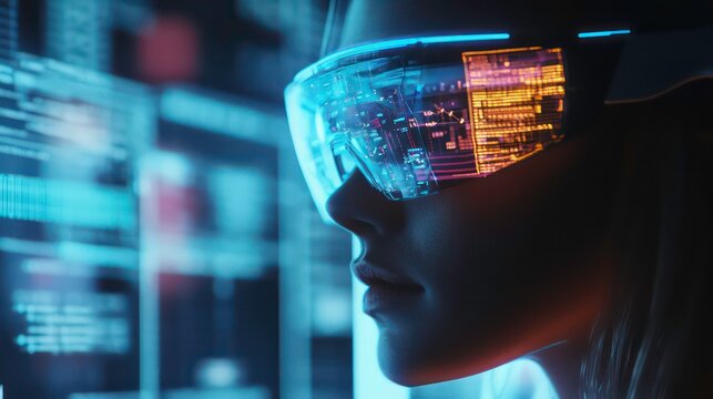 Woman wearing futuristic glasses, viewing digital data streams.