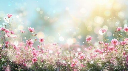Fototapeta premium Dreamy Pink Cosmos Flowers in a Sunlit Meadow.