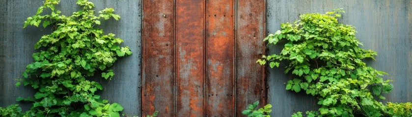 A rusty old fence surrounding an abandoned building, overgrown with vines