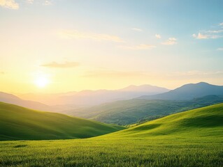 Fototapeta premium A serene landscape with rolling green hills under a golden sunset, wideangle lens, soft lighting, calming mood
