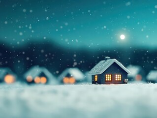 A serene snowy village at night, glowing windows, moonlit sky, cozy atmosphere