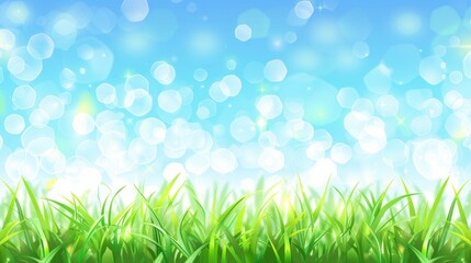 Obraz premium Vibrant Green Grass Meadow Under a Sparkling Blue Sky.