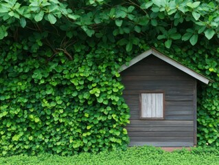 A small wooden cottage engulfed by vibrant green roots, lively nature setting