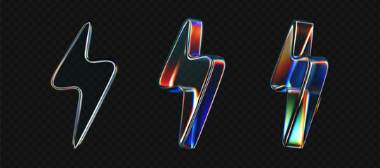3d glass lightning icons with holographic effect isolated on black background. Render transparent glass thunder bolts with crystal chromatic dispersion of light, rainbow gradient. 3d vector morphism