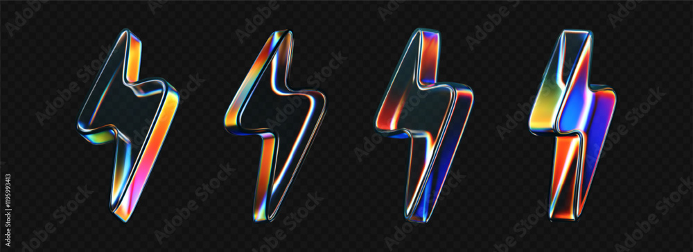 Canvas Prints 3d glass lightning icons with holographic effect isolated on black background. render transparent gl