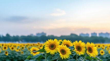 Obraz premium A sunflower field under a clear blue sky, vibrant and cheerful, wideangle shot