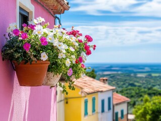 A sunny Mediterranean village with colorful houses, narrow streets, and hanging flowers