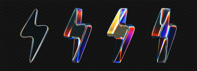 3d glass lightning icons with holographic effect isolated on black background. Render transparent glass thunder bolts with crystal chromatic dispersion of light, rainbow gradient. 3d vector morphism