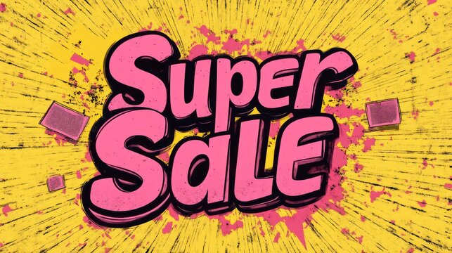 Pink "Super Sale" text on yellow burst background with pink splatters and squares.