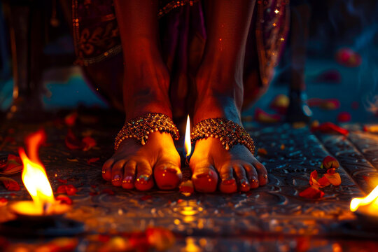 Amidst the flickering flames of a traditional lamp, an Indian girl wears intricate toe rings, their ornate designs adding a touch of elegance to her feet.