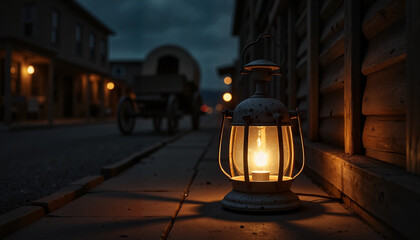 Worn gothic carriage lamp illuminating desolate ghost town road at night, eerie ambiance