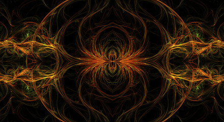 Abstract Fractal Art: Fiery Orange and Green Swirls on Black Background