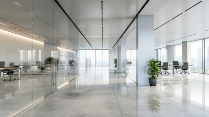 Modern Office Corridor with Glass Walls and City Views.