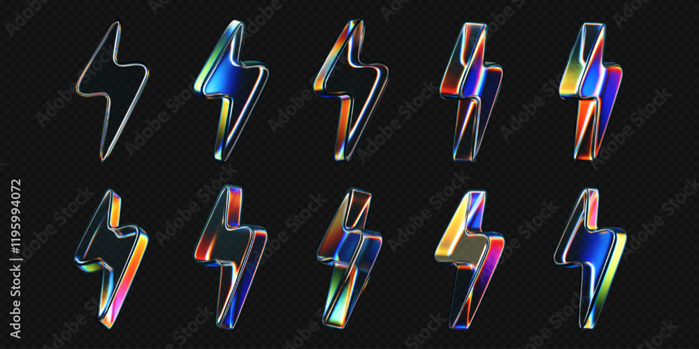Canvas Prints 3d glass lightning icons with holographic effect isolated on black background. render transparent gl