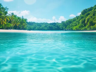 Fototapeta premium A tropical beach with crystalclear water and palm trees, midday sun, relaxing vacation vibe