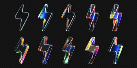 3d glass lightning icons with holographic effect isolated on black background. Render transparent glass thunder bolts with crystal chromatic dispersion of light, rainbow gradient. 3d vector morphism