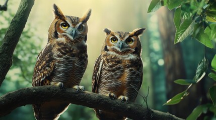 Fototapeta premium Two Owls Perched on a Branch in a Forest