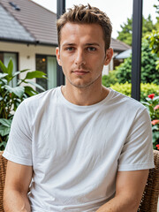 Fototapeta premium Retrato de un hombre blanco en un jardín vistiendo una camiseta blanca casual 