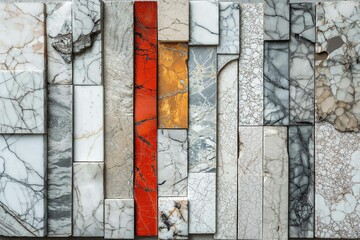 Modern kitchen backsplash of white marble slabs, floor tile, and granite color sample.