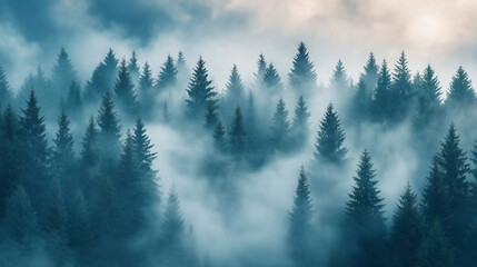 Fototapeta premium Misty Landscape with Fir Forest in Vintage Retro Style Perfect for Nature Photography Enthusiasts and Scenic Art