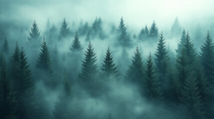 Fototapeta premium Misty Landscape with Fir Forest in Vintage Retro Style Perfect for Nature Photography Enthusiasts and Scenic Art
