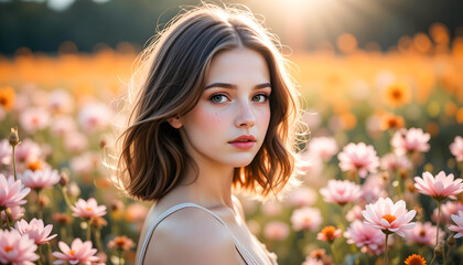Naklejka premium Beautiful Young Woman in a Field of Flowers at Sunset