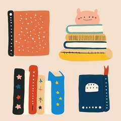 A playful illustration of stacked books with colorful covers and a cheerful pig figure, creating a whimsical and inviting reading atmosphere.