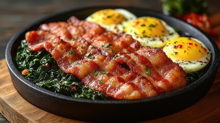 Savory Breakfast Plate with Crispy Bacon, Sunny-Side Up Eggs, and Wilted Spinach