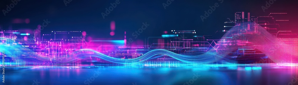 Fototapete artistic glowing circuits forming abstract wave patterns, dynamic composition, modern tech focus