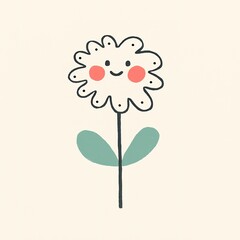 A cute, cartoon-style flower with a smiling face, featuring a white petaled bloom, pink cheeks, and green leaves against a light background.