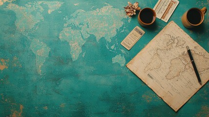 A vintage world map is displayed alongside coffee cups and travel documents on a textured teal background, evoking a sense of adventure and exploration.