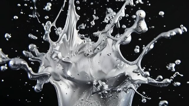 Silver paint explosion on black background. Mercury quicksilver splash explode