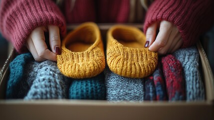 Woman putting hand-knitted baby booties on a wooden table. Baby Shower and handmade celebration concept