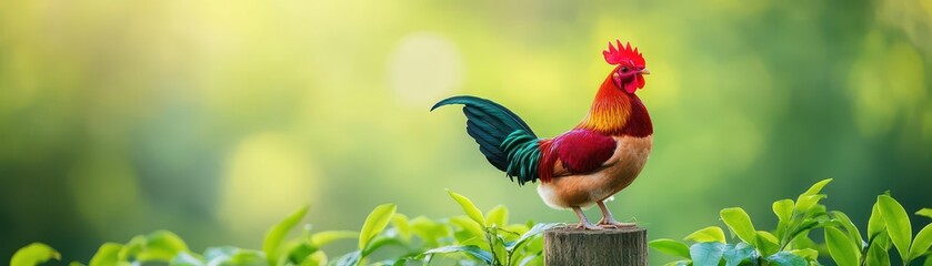Chicken in a lush tropical forest, vibrant green background, exotic setting, rich lighting