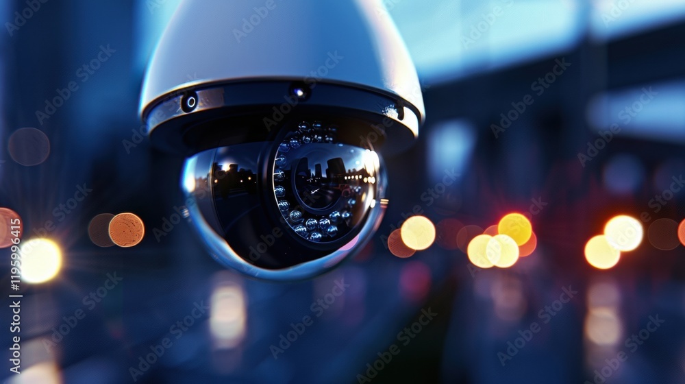Poster security camera in focus with blurred background depicting surveillance and monitoring technology