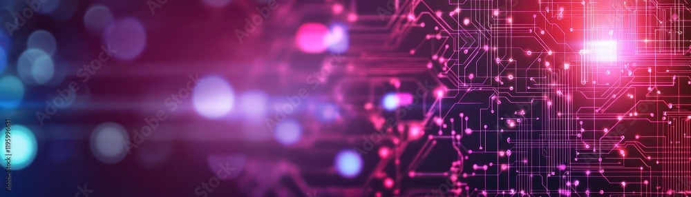 Poster cyberinspired abstract circuit patterns, glowing red and purple accents, dark and edgy tone