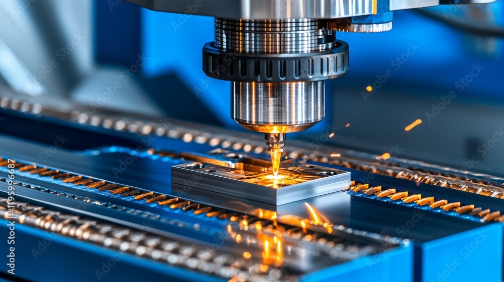 Poster precision metal cutting process with cnc machine producing sparks and intricate designs