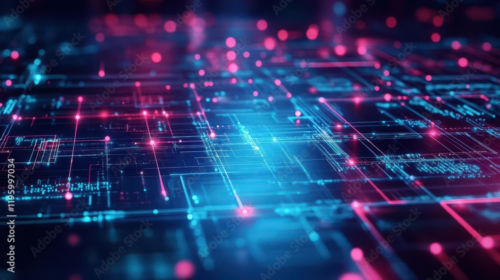 Poster Futuristic network of interconnected circuits, glowing points, abstract digital background