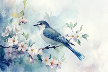 Fototapeta premium A Bluebird Perched on a Branch of Blossoming Flowers