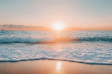 Fototapeta premium Calming Sunset Over the Sea With Gentle Waves and Distant Sailboat on the Horizon. Generative AI
