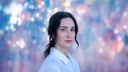 Obraz premium A young Caucasian woman with dark hair poses against a softly blurred pastel background, exuding a calm and serene expression.
