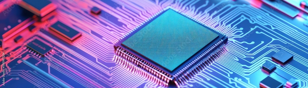 Poster isometric view of a microchip on a detailed circuit board, vibrant lighting, futuristic composition