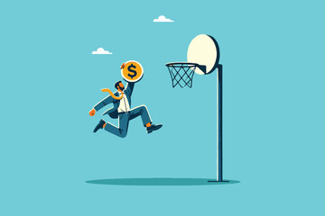 Scoring Big in Business, Skillful Entrepreneur Slam Dunks Success with a Money Coin © Alya Hasna Fatimah