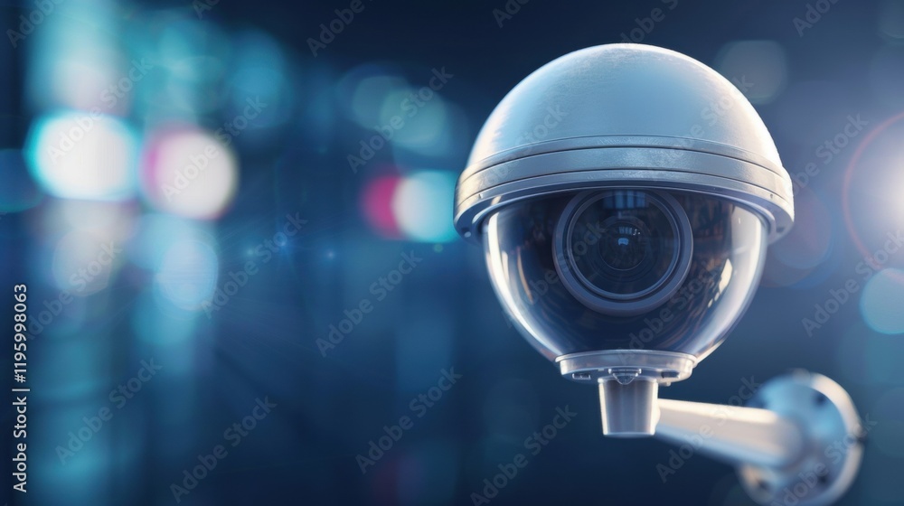 Poster a modern security camera mounted on a wall, capturing visual data in a high-tech environment with bl