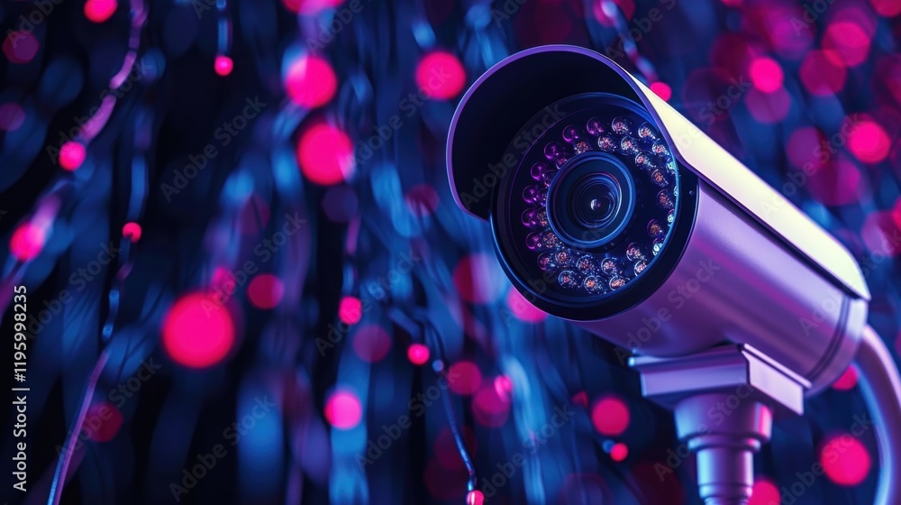 Poster a close-up view of a security camera illuminated by colorful lights, creating a modern, tech-inspire